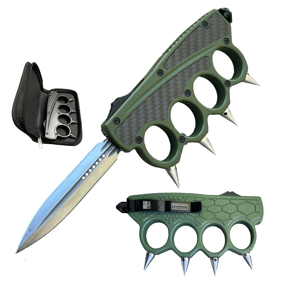 Spiked OTF Automatic Carbon Fiber Knuckle Out The Front Knife 3 Spiked OTF Automatic Carbon Fiber Knuckle Out The Front Knife