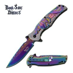 Dark Side Blades Skull And Dragon Spring Assisted Pocket Knife Rainbow