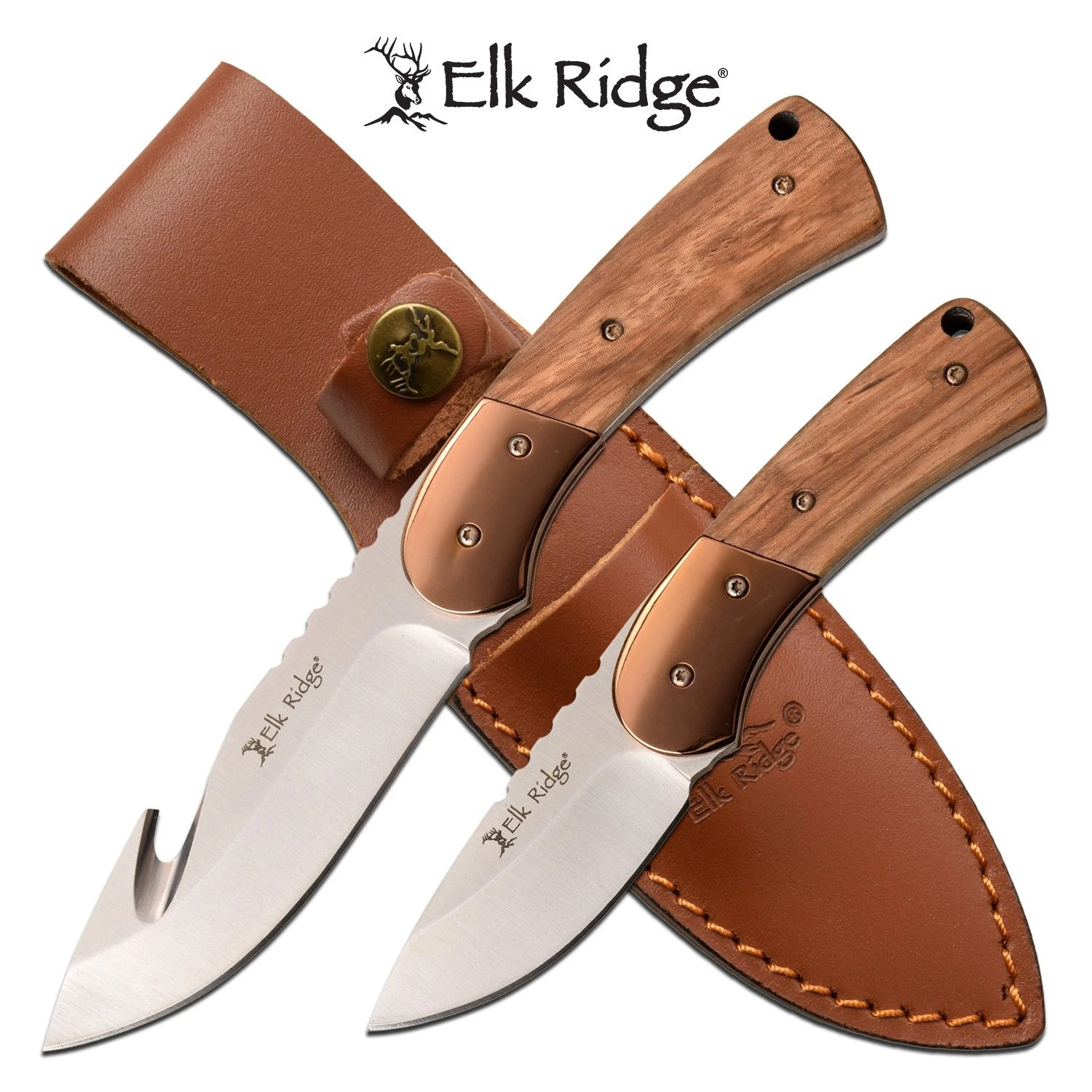 Elk Ridge Fixed Blade Hunting Knife Set Natural Pakkawood Handle 3 Elk Ridge Fixed Blade Hunting Knife Set Natural Pakkawood Handle
