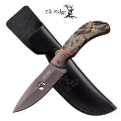 Elk Ridge 7.75 Inch Fixed Blade Hunting Knife Camo Coated Wood Handle