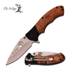 Elk Ridge Folding Pocket Knife Burl Wood Handle And Black G10 Bolster