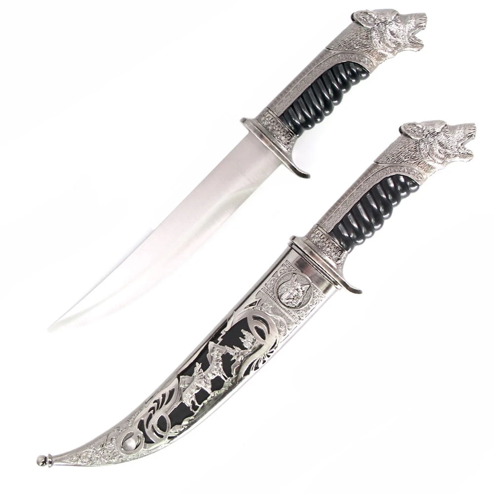 Antique Silver Wolf Collectors Dagger Fixed Blade Hunting Knife With Scabbard 3 Antique Silver Wolf Collectors Dagger Fixed Blade Hunting Knife With Scabbard