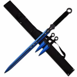 28" Blue Ninja Sword Full Tang Machete Tactical Blade 2 Pcs Throwing Knife Set