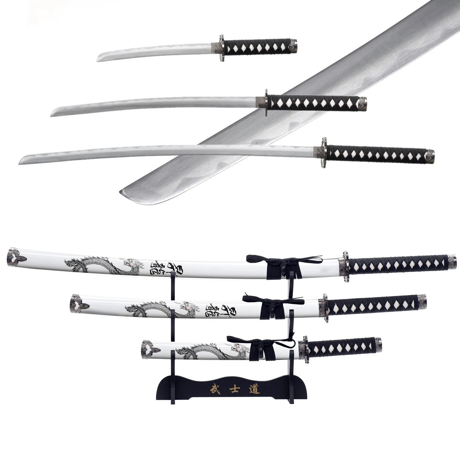 3pc White Dragon Japanese Katana Samurai Sword Set Carbon Steel Blade Bushido Stand 3 3pc White Dragon Japanese Katana Samurai Sword Set Carbon Steel Blade Bushido Stand