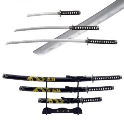 3pc Dragon Japanese Katana Samurai Sword Set Carbon Steel Blade Bushido Stand