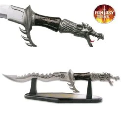 24" Flaming Dragon Dagger With Wood Display Stand