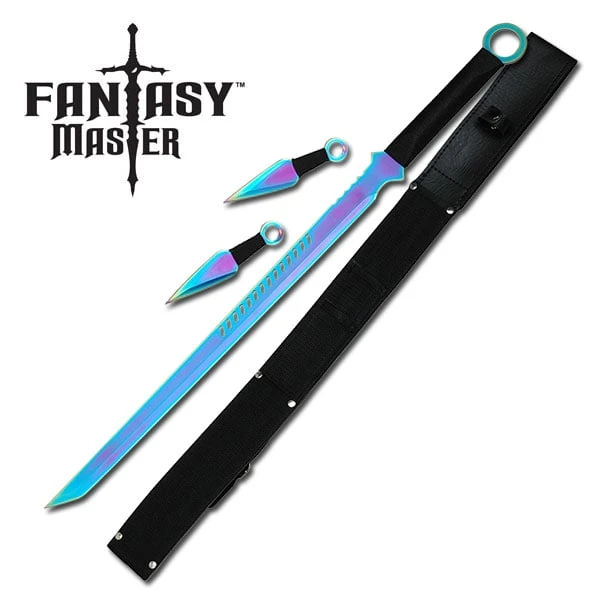 28" Ninja Sword With 6" Kunai Throwers Set - Titanium Rainbow 3 28" Ninja Sword With 6" Kunai Throwers Set - Titanium Rainbow