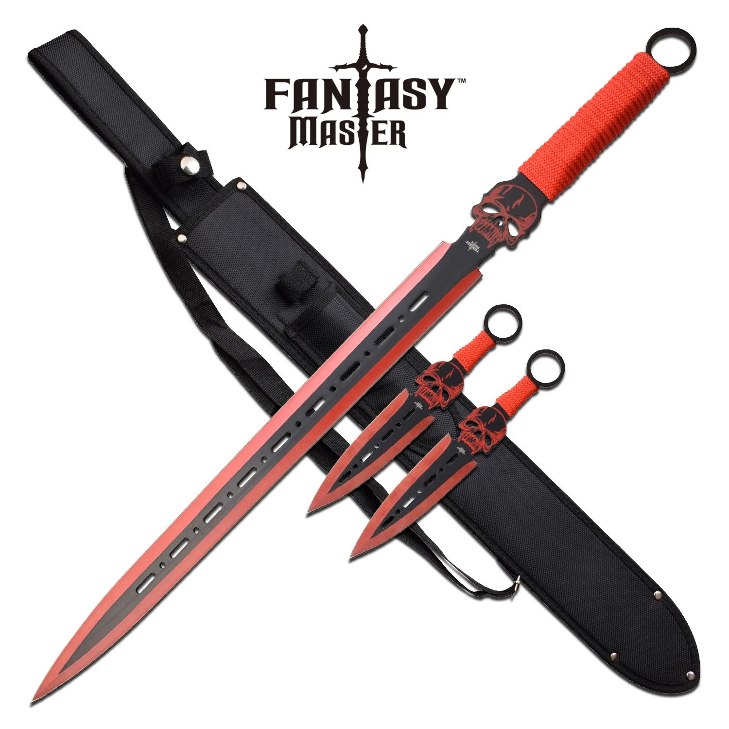Red Skull Ninja Sword With Throwing Knives Set 3 Red Skull Ninja Sword With Throwing Knives Set