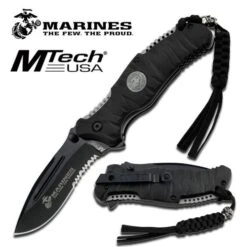 US Marines Folding Knife With 4MM Black Blade - ABS Rubber Handle