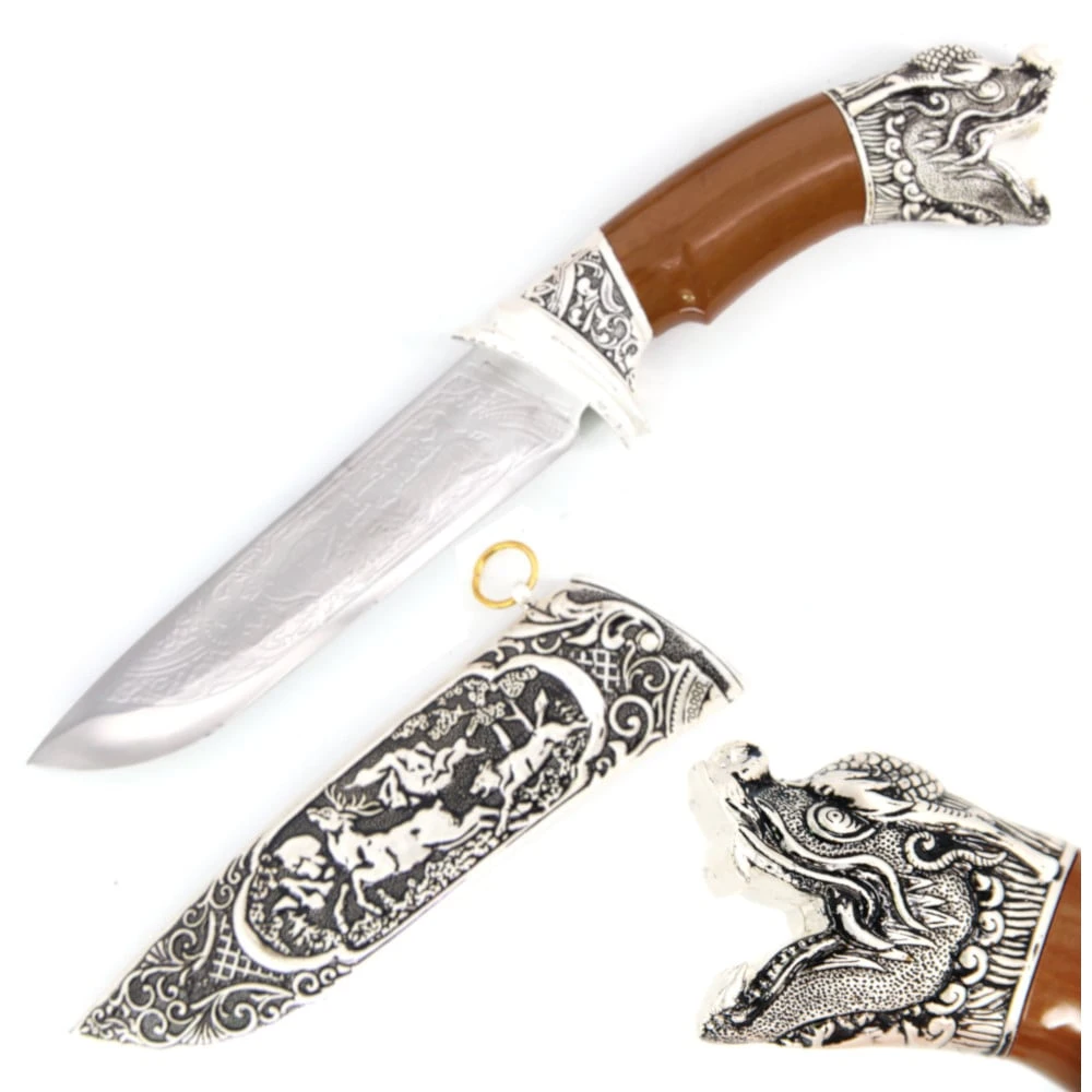 Dragon Head Dagger Fixed Blade Hunting Knife With Scabbard 3 Dragon Head Dagger Fixed Blade Hunting Knife With Scabbard