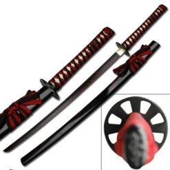 Black Samurai Sword With Black Red Cord Wrap Handle