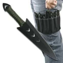 6.5 Inch Black Throwing Knives 6 Piece Set - Green Cord Wrapped Handle